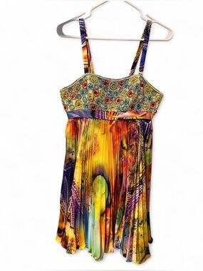 Sherri Hill Vibrant Multicolor Pleated Spaghetti Strap Mini Dress | Size 4